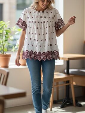 Castro White Burgundy Embroidered Short Sleeve Boho Blouse